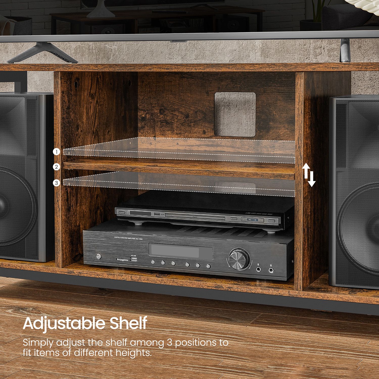 TV Stand – Wood – Rustic Brown and Black – Open Shelves for Up to 60 Inches