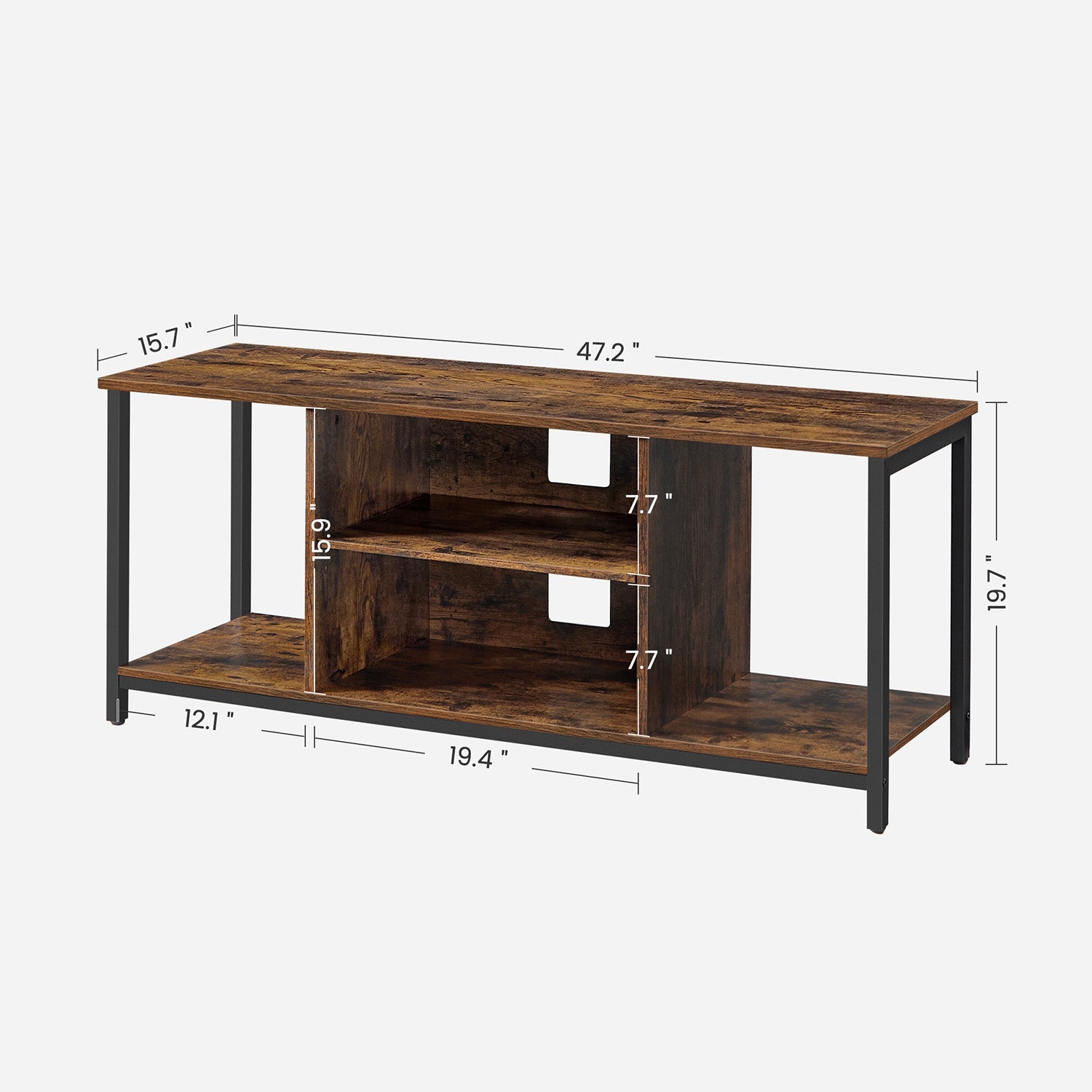 TV Stand – Wood – Rustic Brown and Black – Open Shelves for Up to 60 Inches