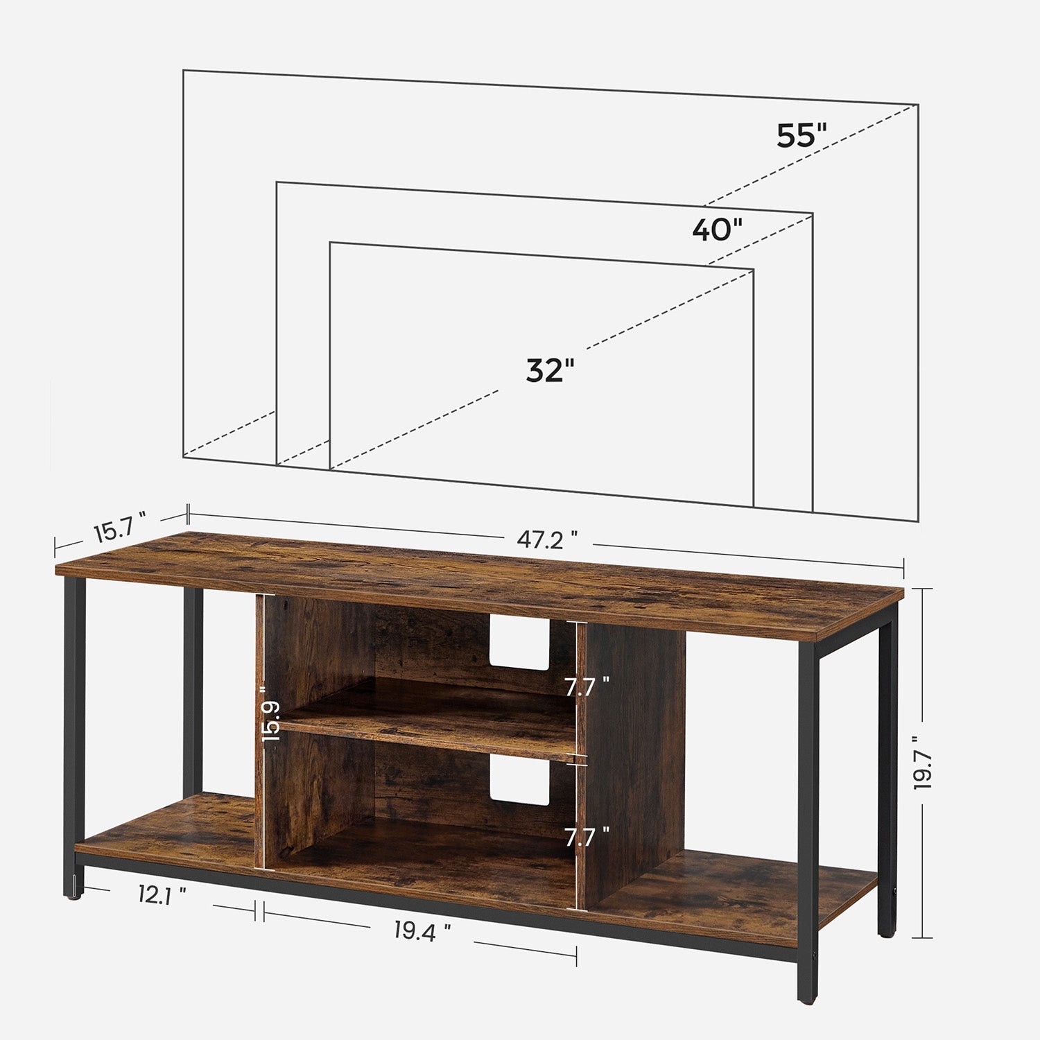 TV Stand – Wood – Rustic Brown and Black – Open Shelves for Up to 60 Inches