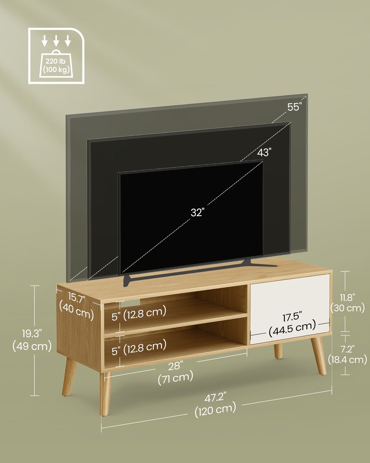 TV Unit – Natural Oak and Cream White – 120 cm Wide – Modern Design for TVs up to 55 Inches