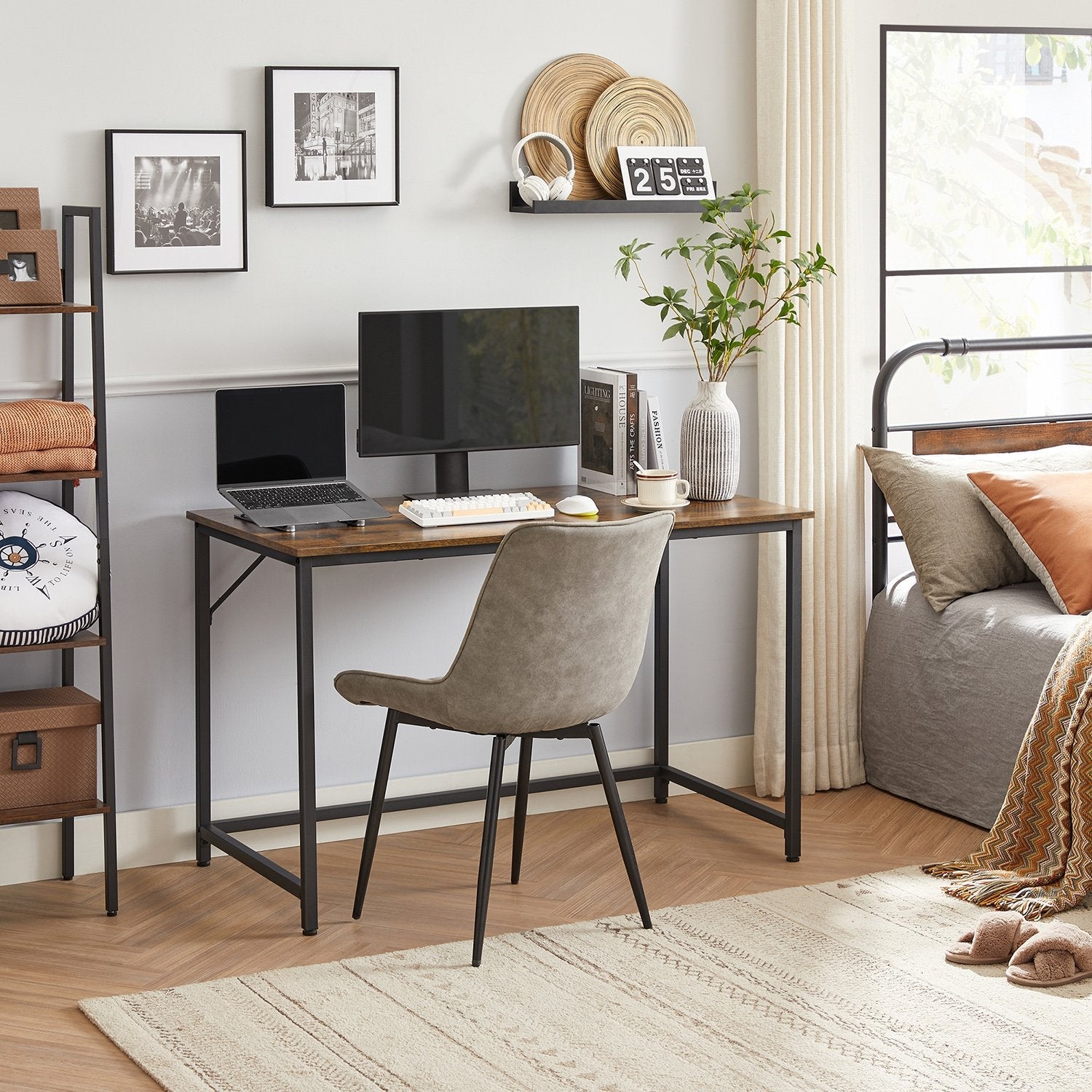 Small Office Desk – Metal – Rustic Brown – Industrial Design, Simple Assembly