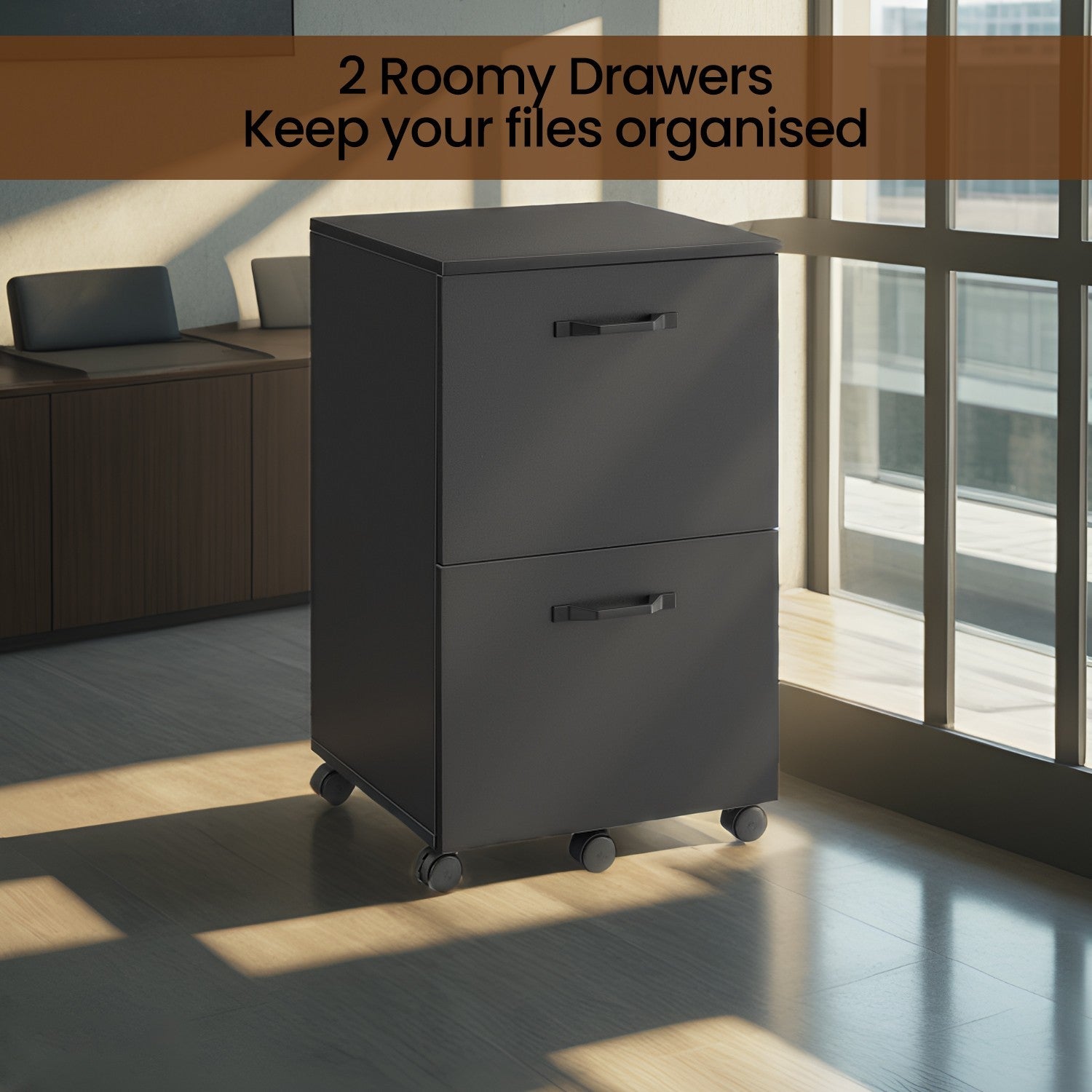 File Cabinet – Wood – Rustic Brown and Black – Industrial Style with 2 Drawers and Rolling Wheels