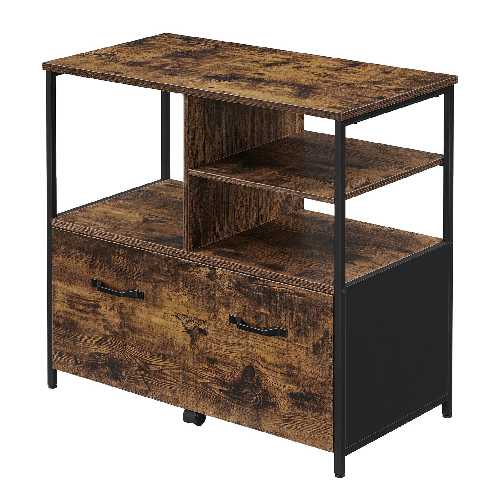 Mobile Office Storage Cabinet – Wood and Metal – Rustic Brown and Black – with Wheels, Drawers, and Open Shelves