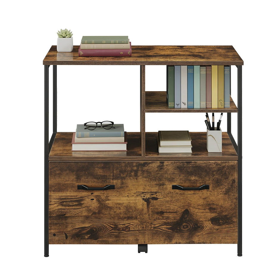 Mobile Office Storage Cabinet – Wood and Metal – Rustic Brown and Black – with Wheels, Drawers, and Open Shelves