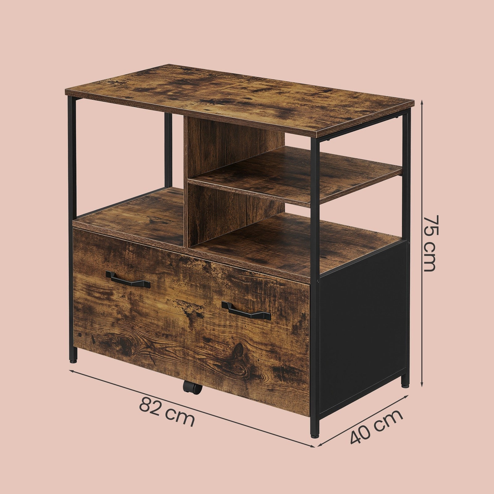 Mobile Office Storage Cabinet – Wood and Metal – Rustic Brown and Black – with Wheels, Drawers, and Open Shelves