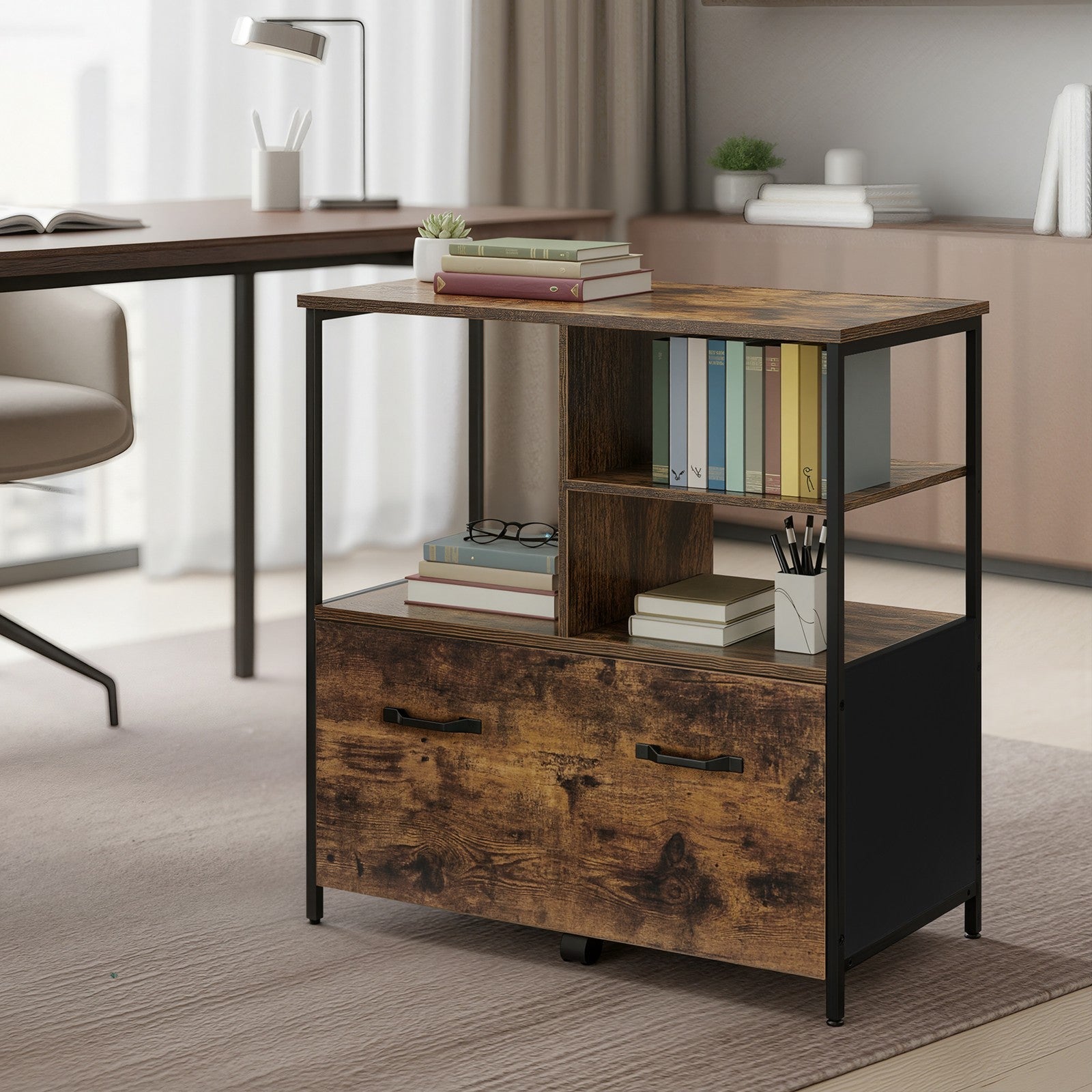 Mobile Office Storage Cabinet – Wood and Metal – Rustic Brown and Black – with Wheels, Drawers, and Open Shelves