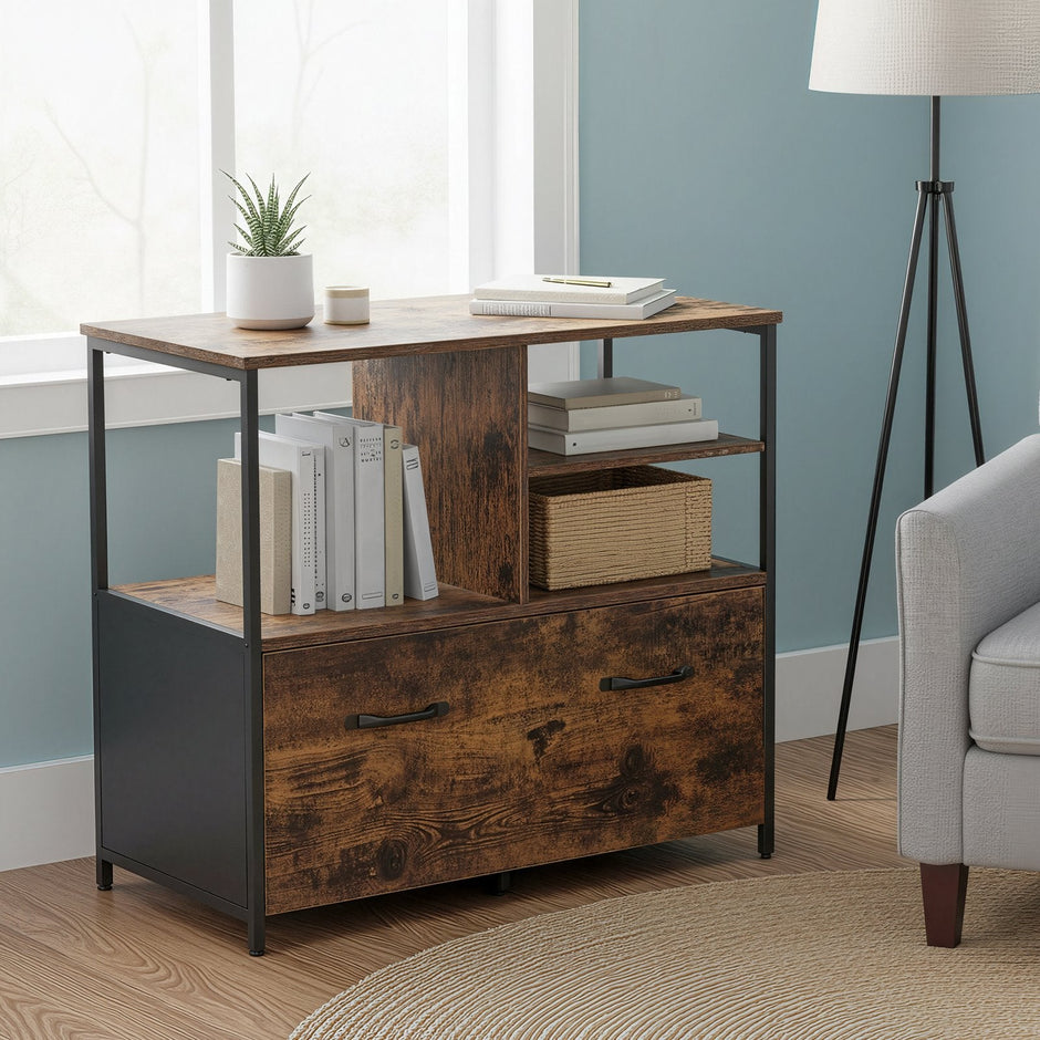 Mobile Office Storage Cabinet – Wood and Metal – Rustic Brown and Black – with Wheels, Drawers, and Open Shelves