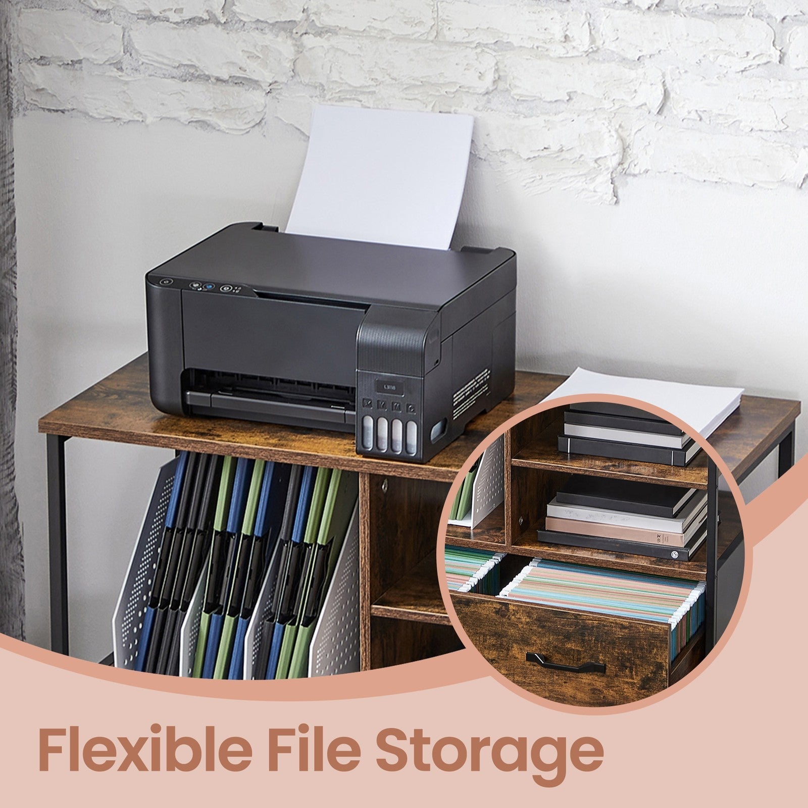 Mobile Office Storage Cabinet – Wood and Metal – Rustic Brown and Black – with Wheels, Drawers, and Open Shelves