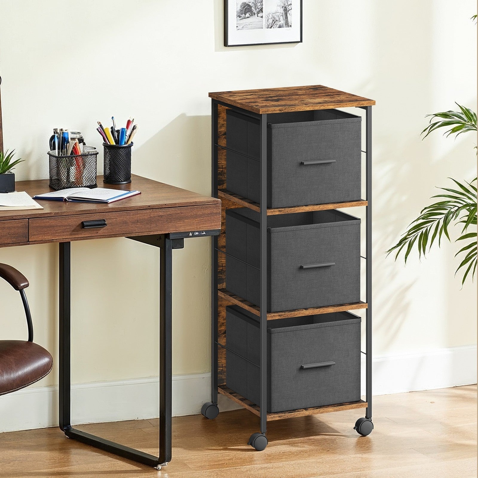 3 Drawer File Cabinet – Wood – Brown – Multi-Functional with Printer Stand and Book Shelf