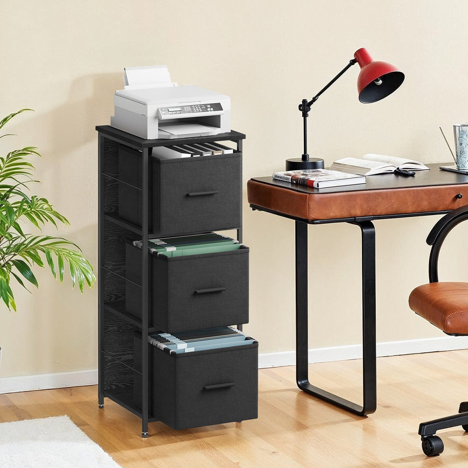 File Cabinet – Engineered Wood – Black – 3 Drawers with Printer Stand and Bookshelf