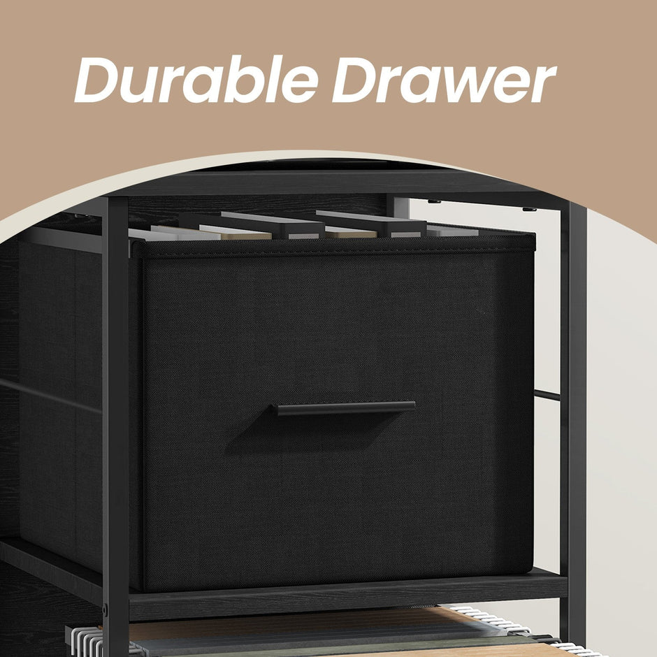 File Cabinet – Engineered Wood – Black – 3 Drawers with Printer Stand and Bookshelf