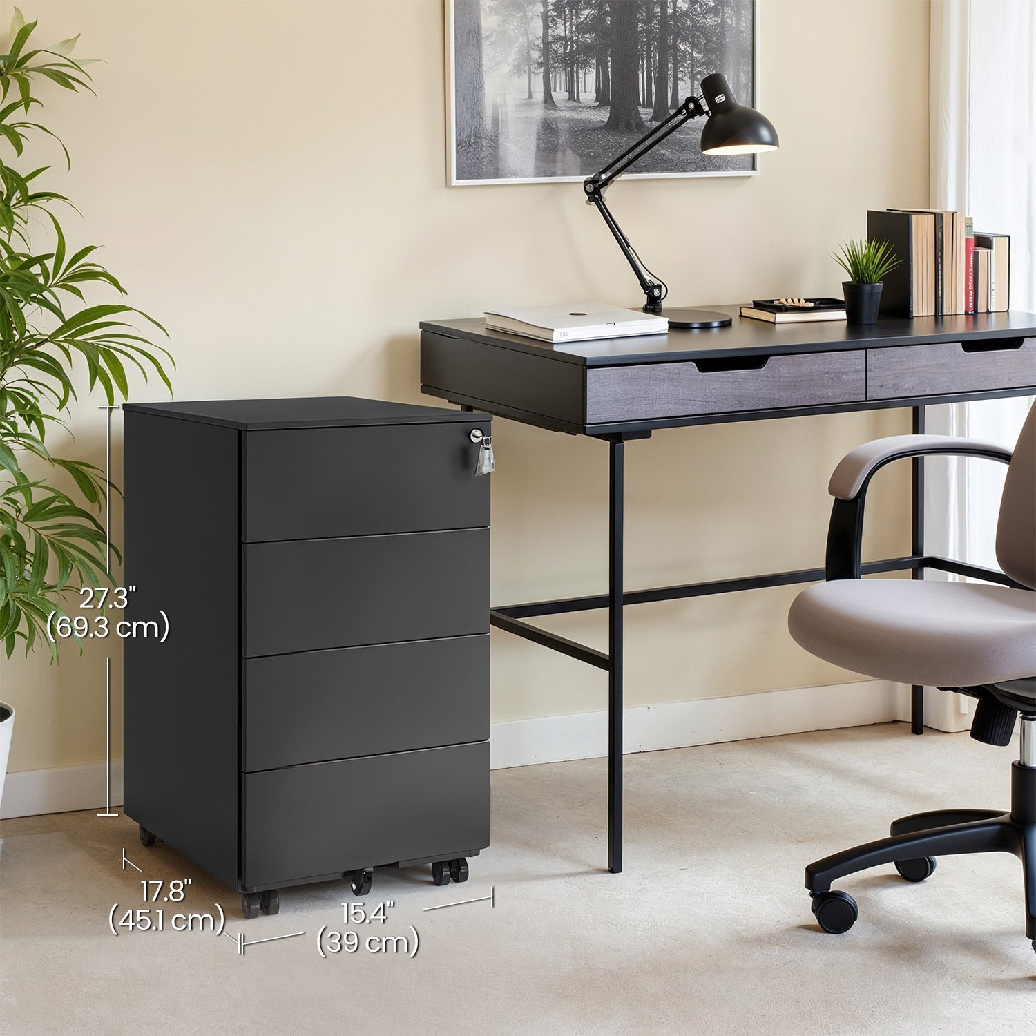 Mobile Filing Cabinet – Wood – Ink Black – Lockable with 4 Drawers