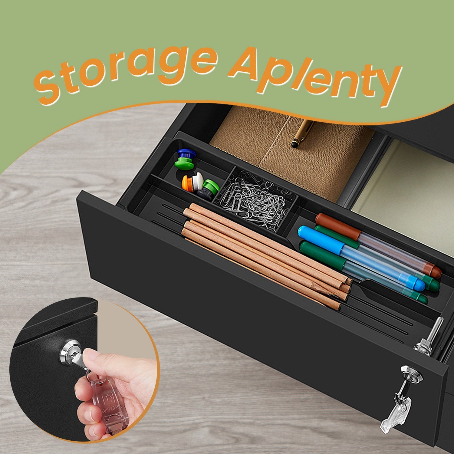 Mobile Filing Cabinet – Wood – Ink Black – Lockable with 4 Drawers