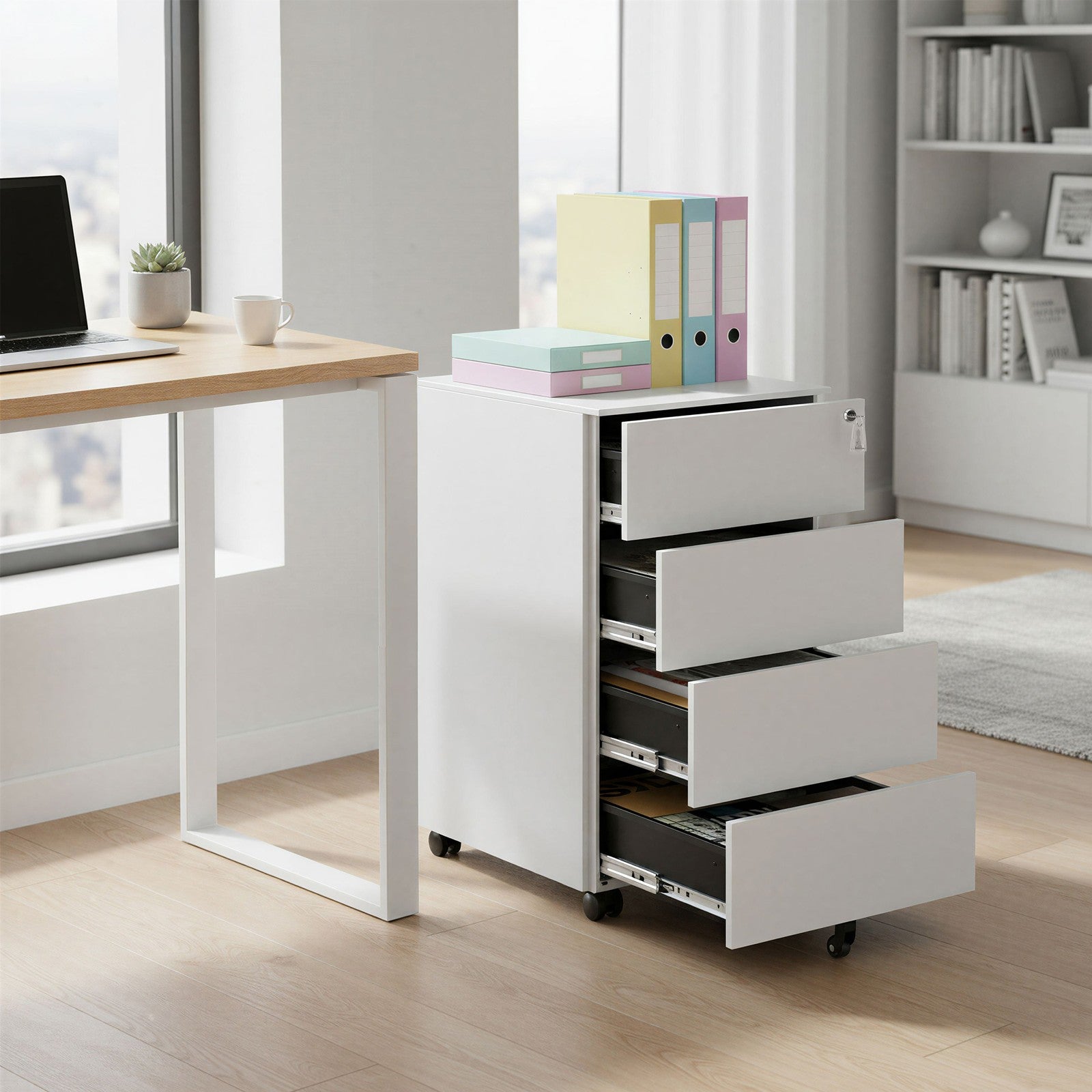 Lockable Mobile File Cabinet – Engineered Wood – Ink Black – 4 Drawers for Documents and Stationery