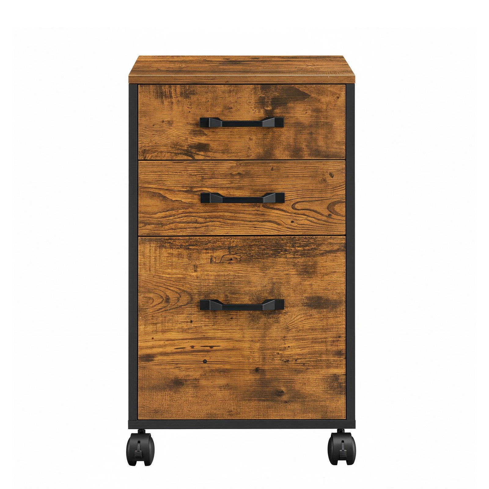 Filing Cabinet – Metal and Wood – Rustic Brown and Ink Black – 3 Drawers with Wheels for A4 and Letter Sized Documents