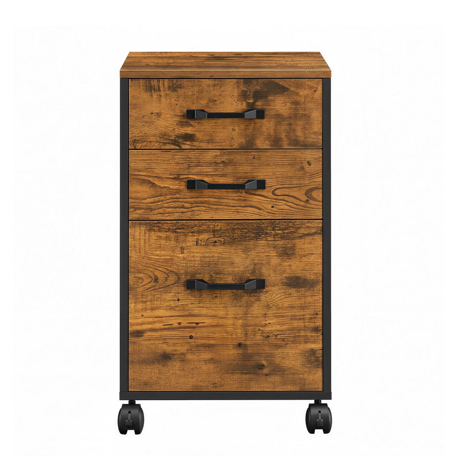 Filing Cabinet – Metal and Wood – Rustic Brown and Ink Black – 3 Drawers with Wheels for A4 and Letter Sized Documents
