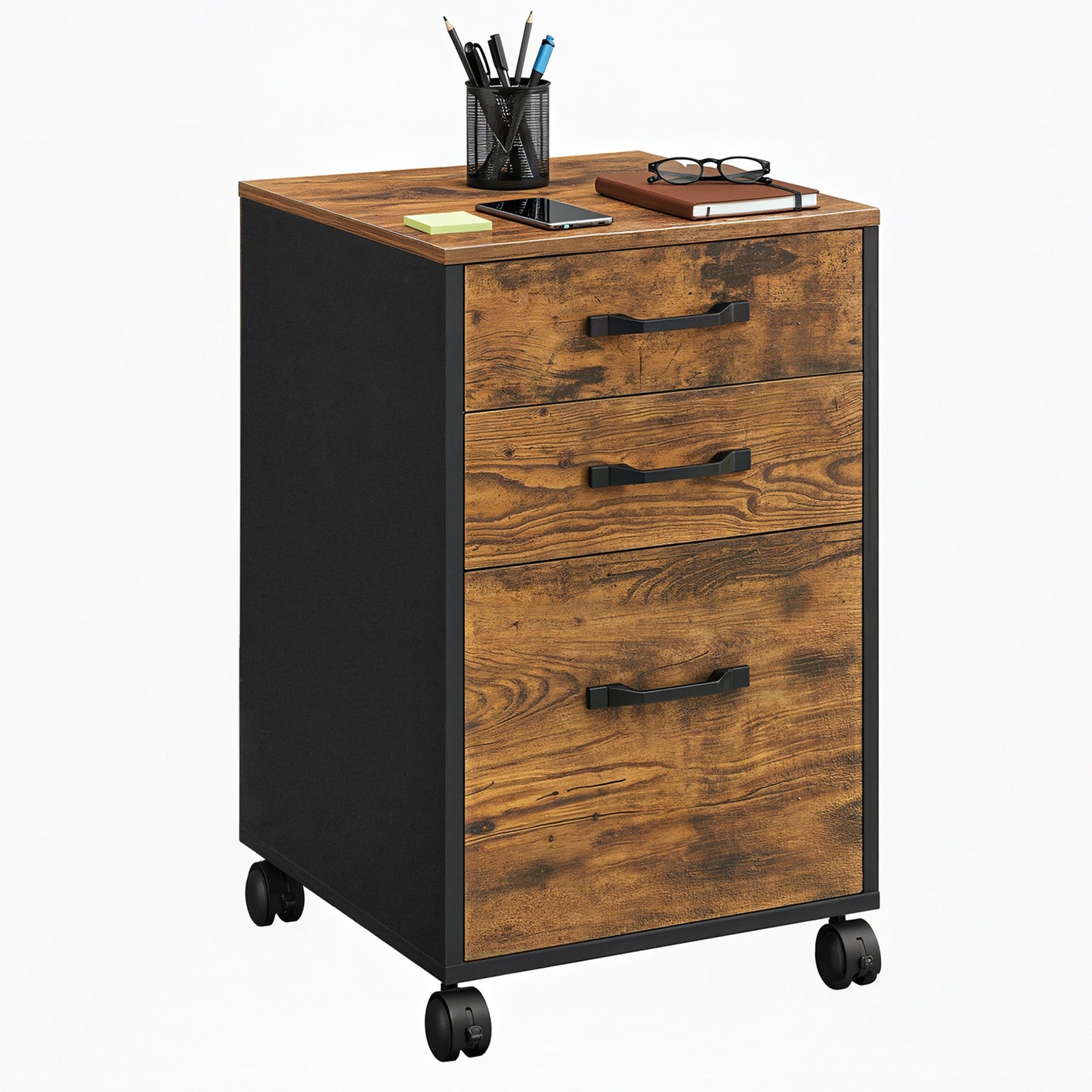 Filing Cabinet – Metal and Wood – Rustic Brown and Ink Black – 3 Drawers with Wheels for A4 and Letter Sized Documents