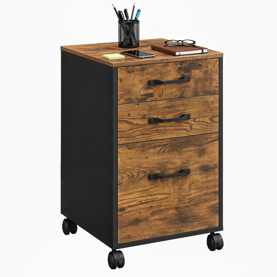 Filing Cabinet – Metal and Wood – Rustic Brown and Ink Black – 3 Drawers with Wheels for A4 and Letter Sized Documents
