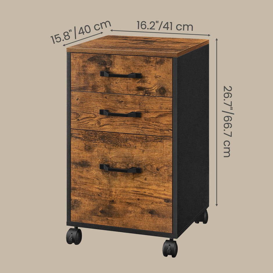 Filing Cabinet – Metal and Wood – Rustic Brown and Ink Black – 3 Drawers with Wheels for A4 and Letter Sized Documents