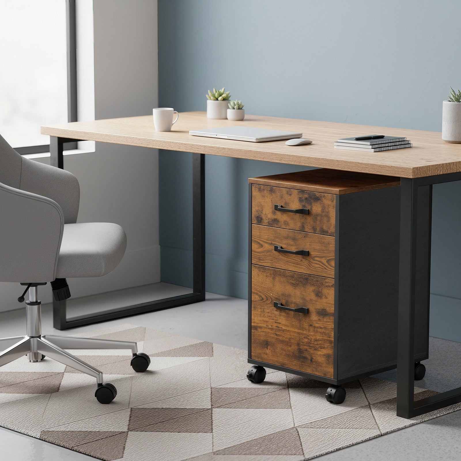 Filing Cabinet – Metal and Wood – Rustic Brown and Ink Black – 3 Drawers with Wheels for A4 and Letter Sized Documents