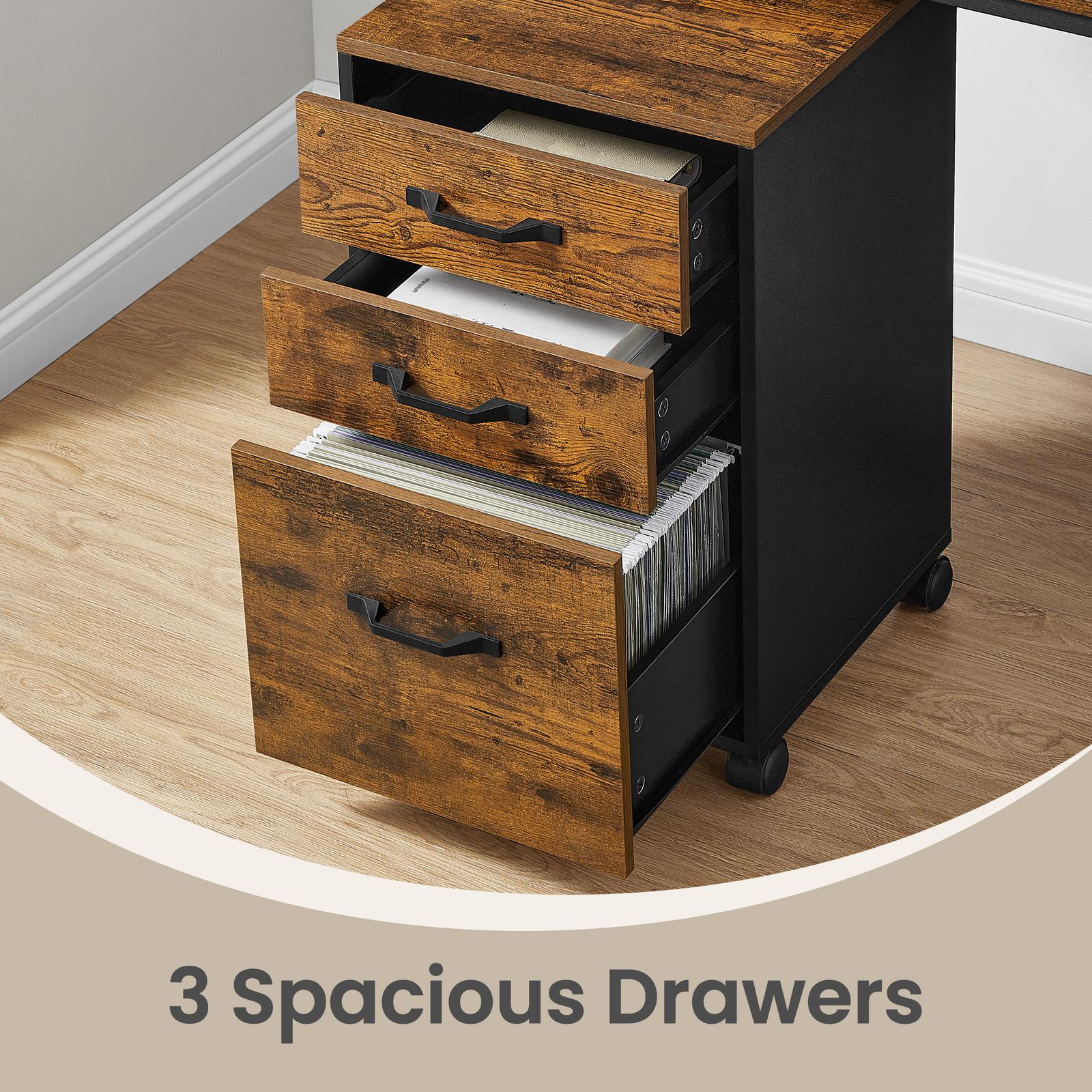 Filing Cabinet – Metal and Wood – Rustic Brown and Ink Black – 3 Drawers with Wheels for A4 and Letter Sized Documents
