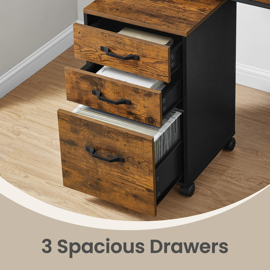 Filing Cabinet – Metal and Wood – Rustic Brown and Ink Black – 3 Drawers with Wheels for A4 and Letter Sized Documents