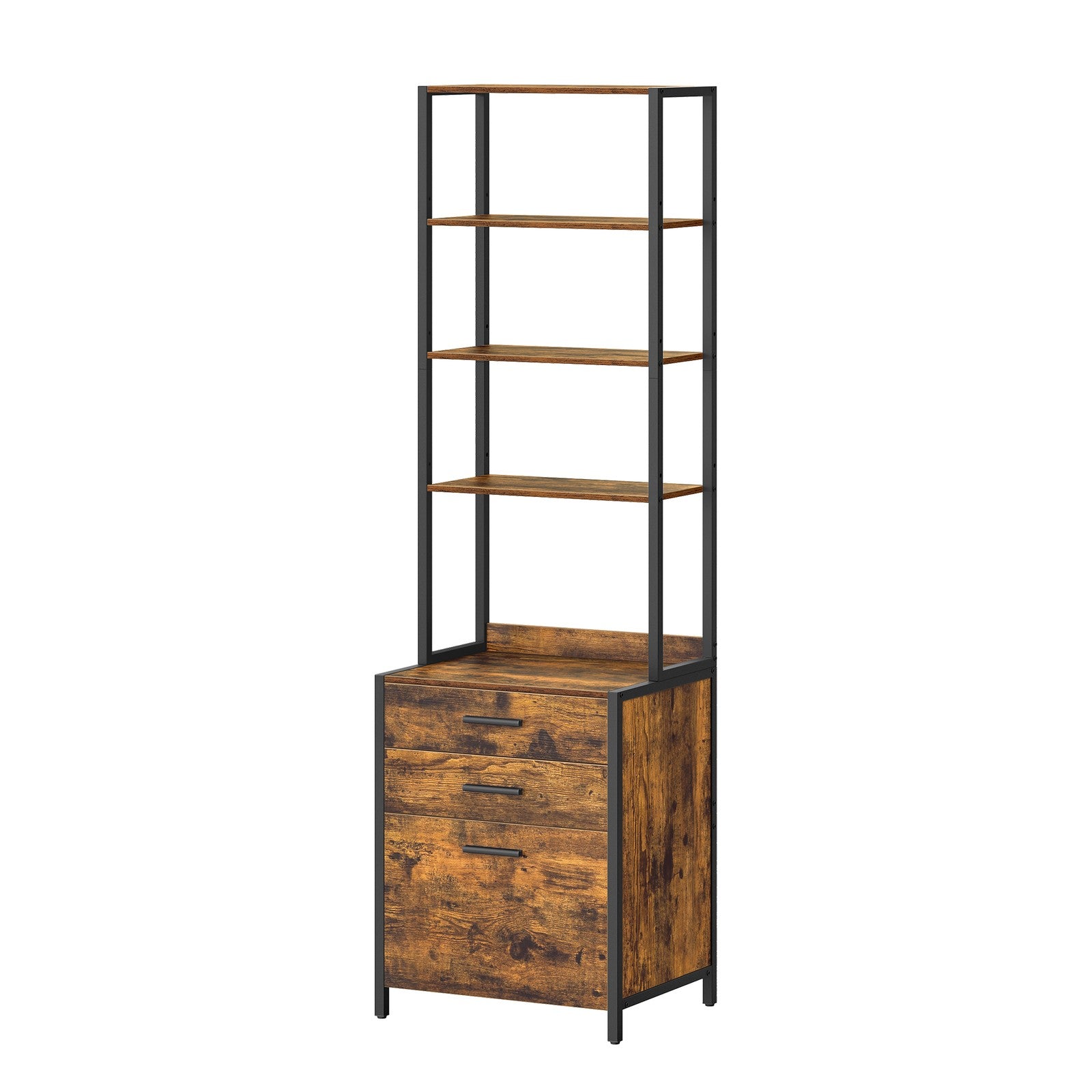 Office Storage Cabinet – Steel – Rustic Brown – 3-Drawer with Adjustable Open Shelves