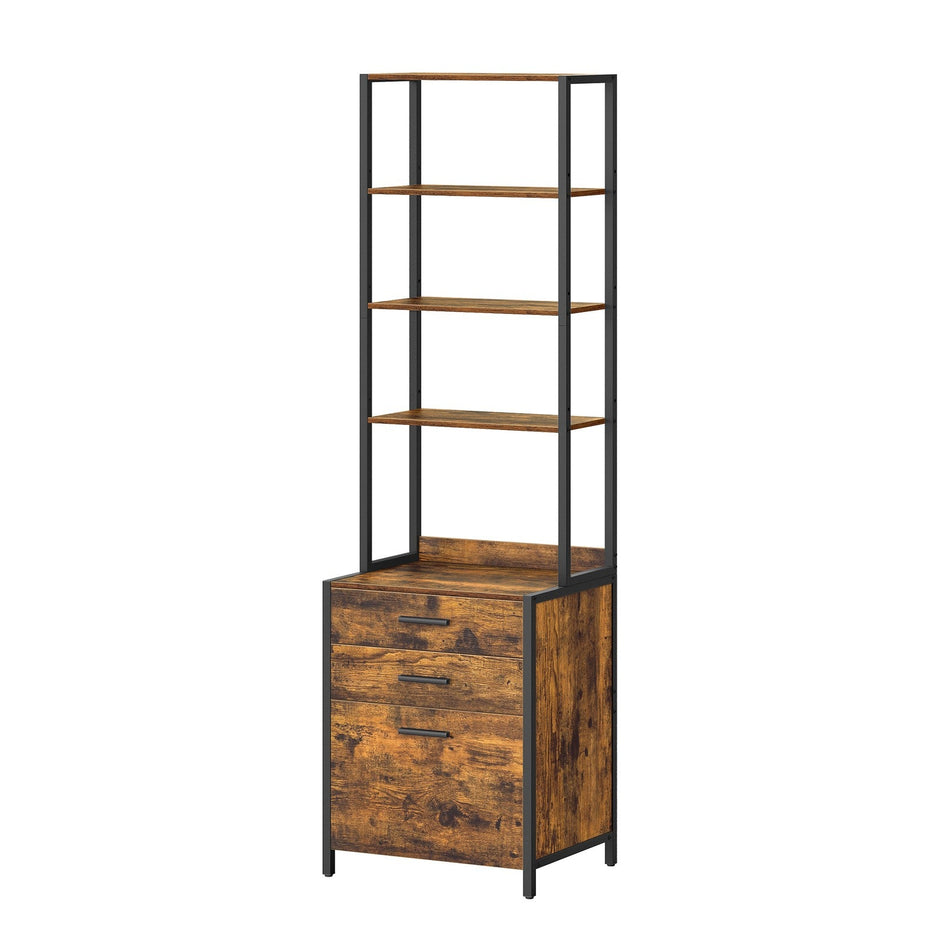 Office Storage Cabinet – Steel – Rustic Brown – 3-Drawer with Adjustable Open Shelves