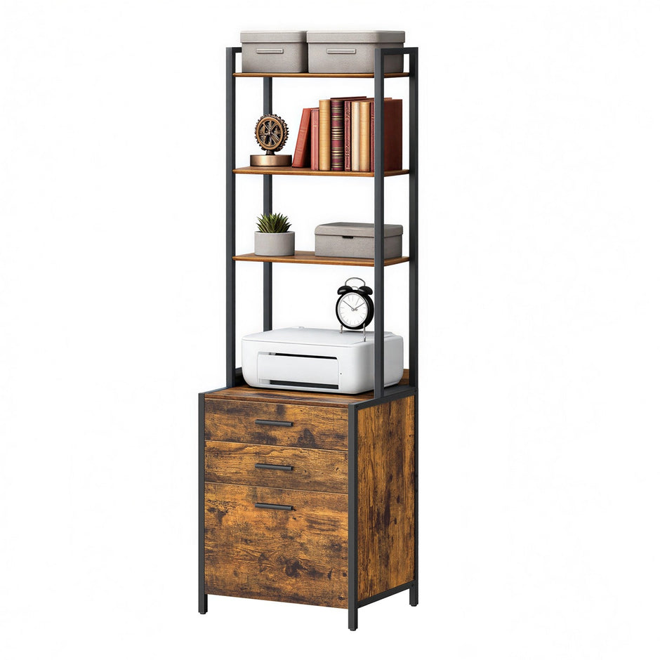 Office Storage Cabinet – Steel – Rustic Brown – 3-Drawer with Adjustable Open Shelves