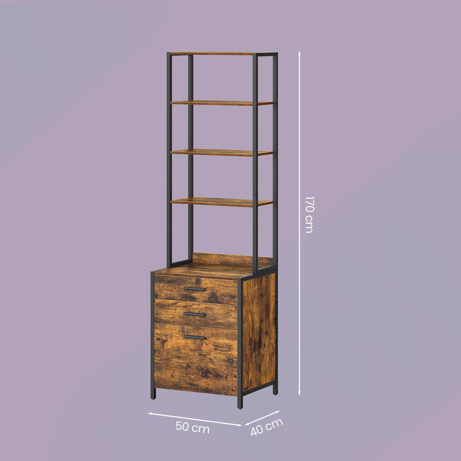 Office Storage Cabinet – Steel – Rustic Brown – 3-Drawer with Adjustable Open Shelves