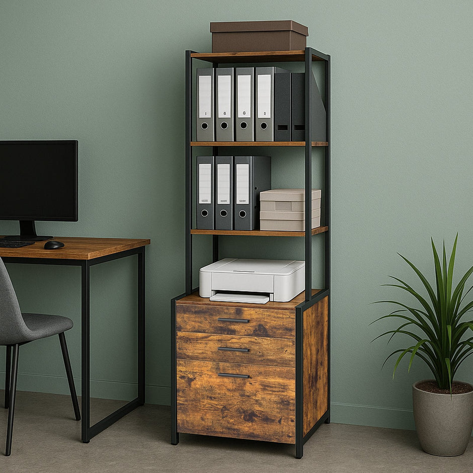 Office Storage Cabinet – Steel – Rustic Brown – 3-Drawer with Adjustable Open Shelves