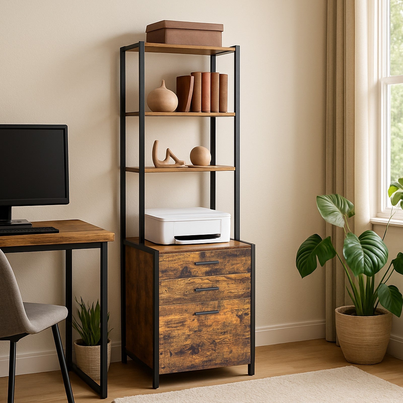 Office Storage Cabinet – Steel – Rustic Brown – 3-Drawer with Adjustable Open Shelves