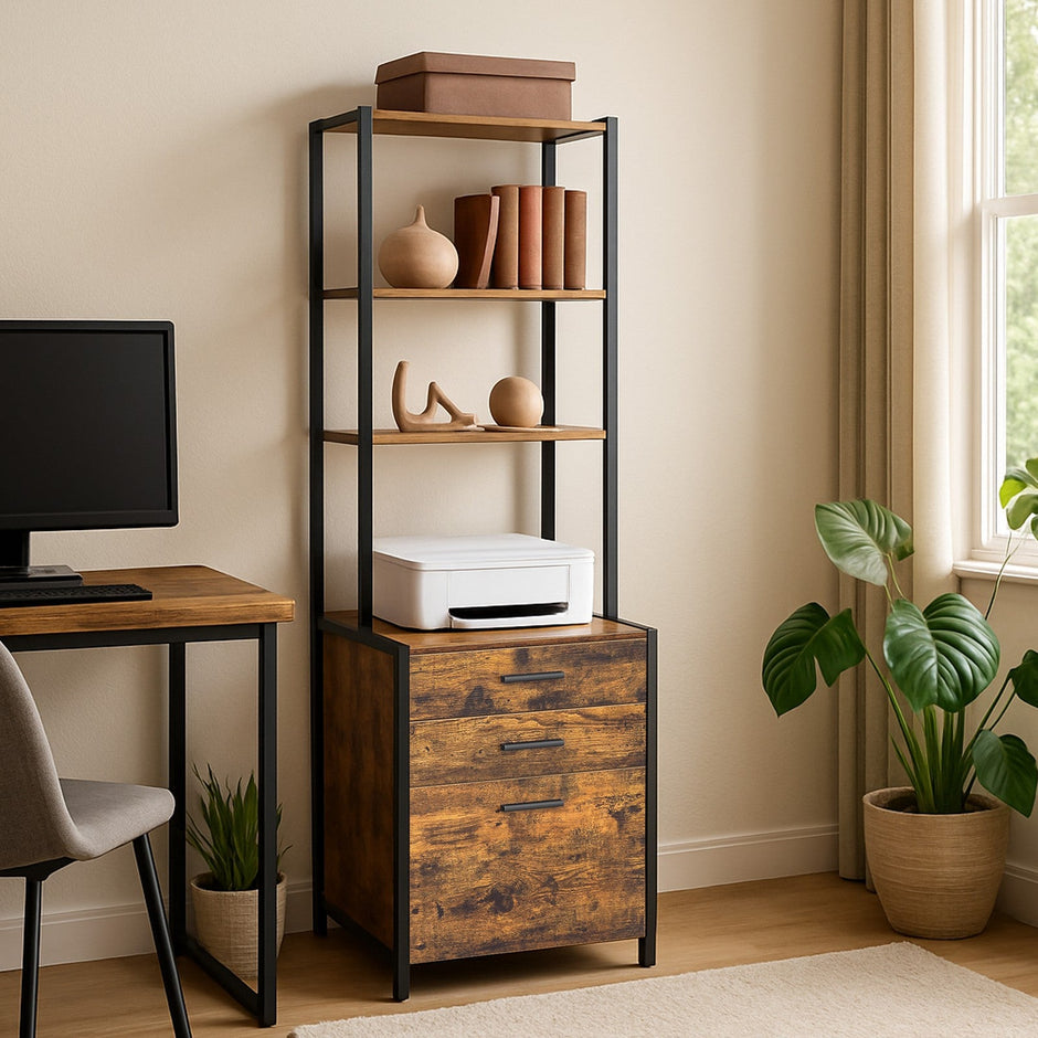 Office Storage Cabinet – Steel – Rustic Brown – 3-Drawer with Adjustable Open Shelves
