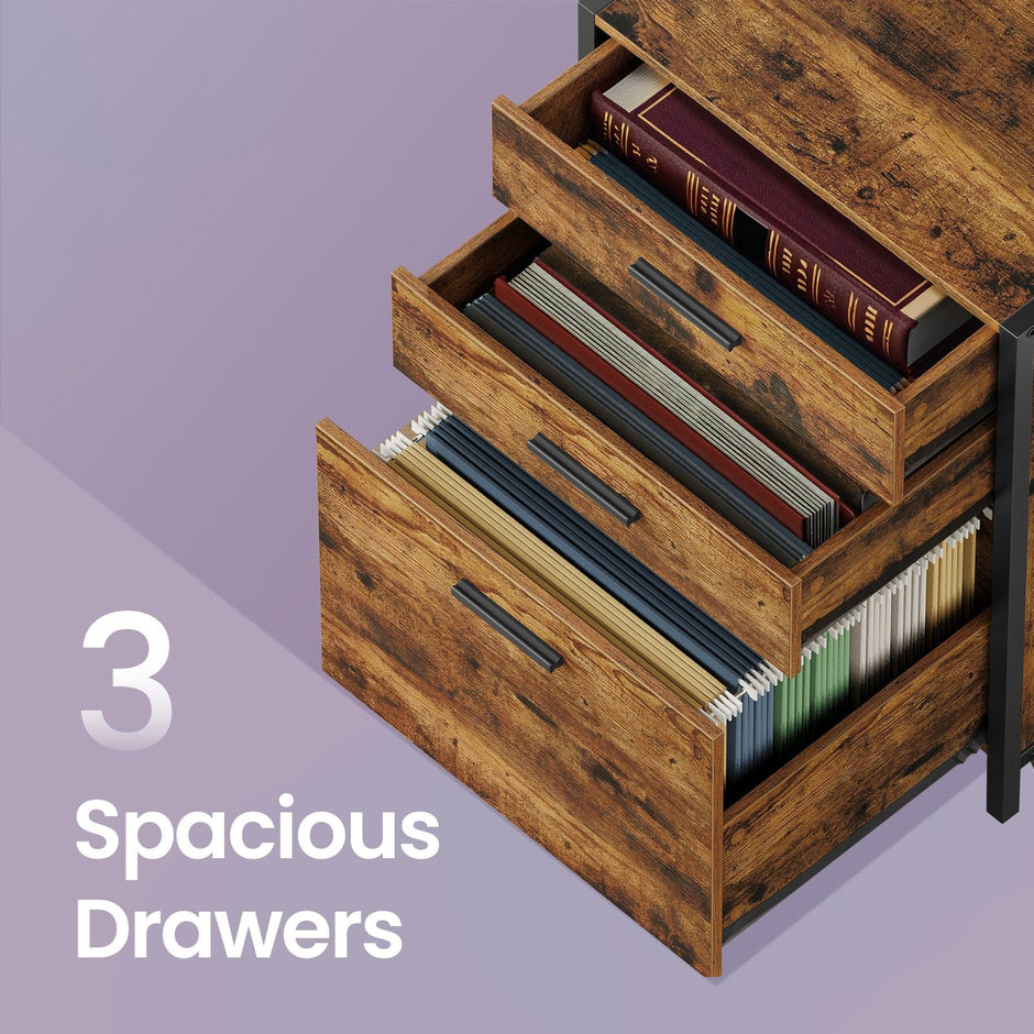 Office Storage Cabinet – Steel – Rustic Brown – 3-Drawer with Adjustable Open Shelves
