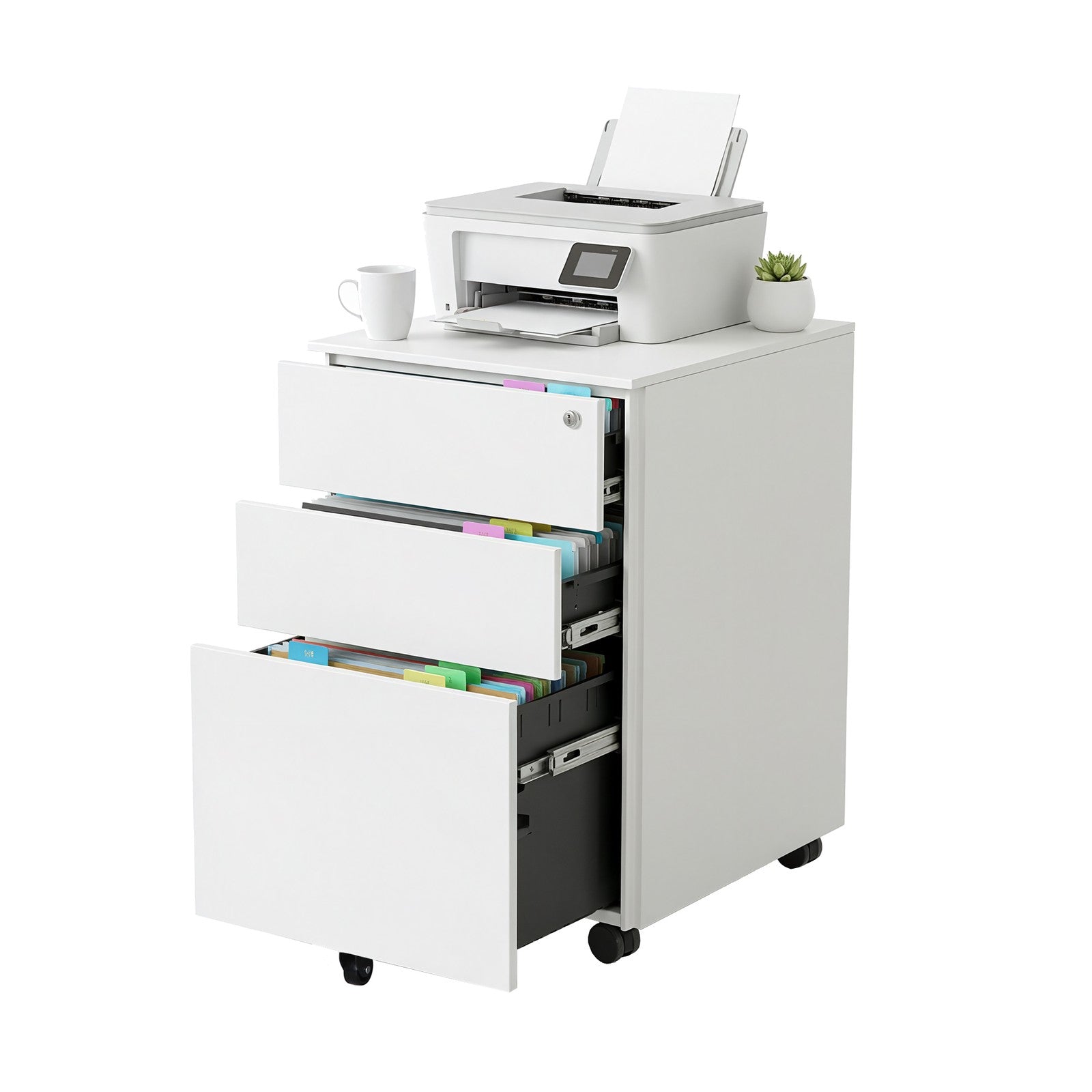 Mobile Office File Cabinet – Steel – White – Lockable with Wheels and Hanging File Rails