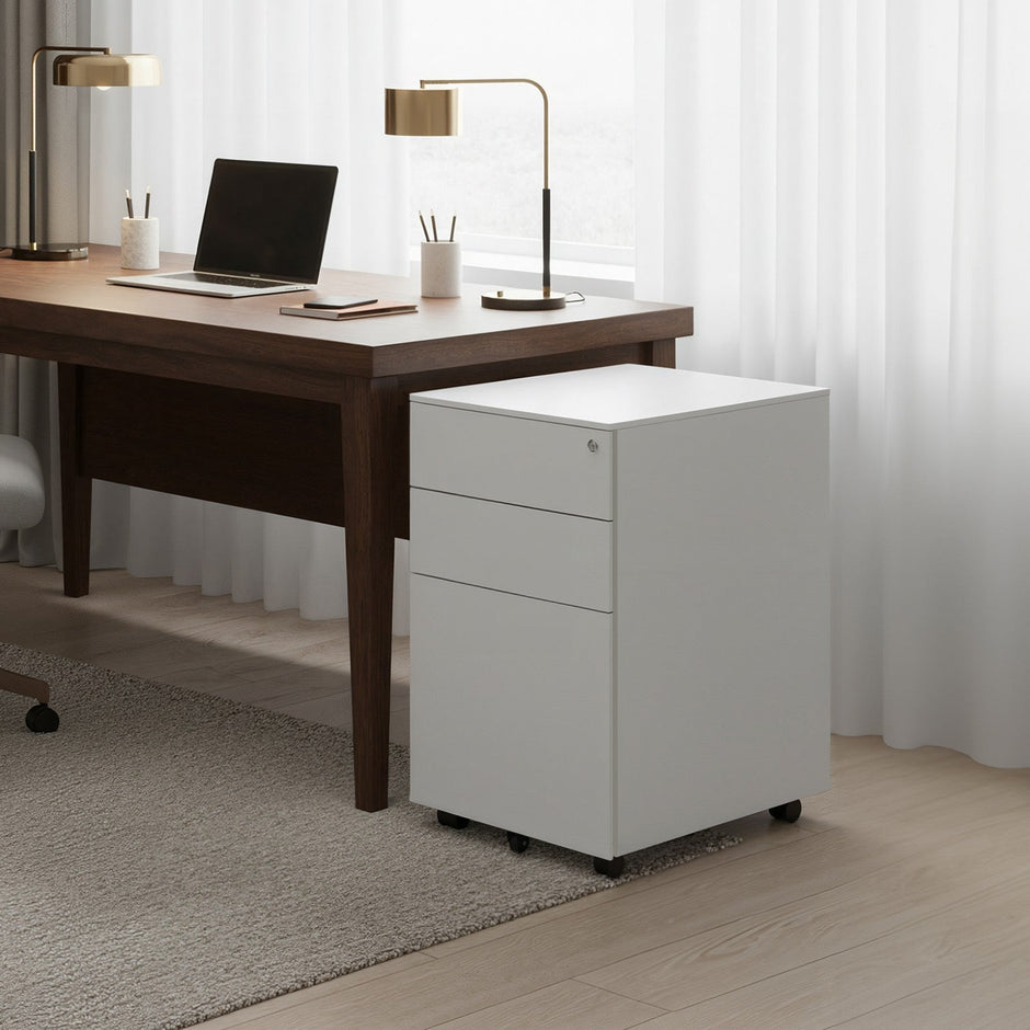Mobile Office File Cabinet – Steel – White – Lockable with Wheels and Hanging File Rails