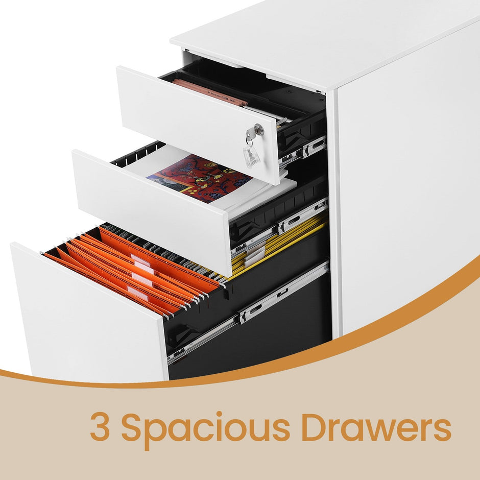 Mobile Office File Cabinet – Steel – White – Lockable with Wheels and Hanging File Rails