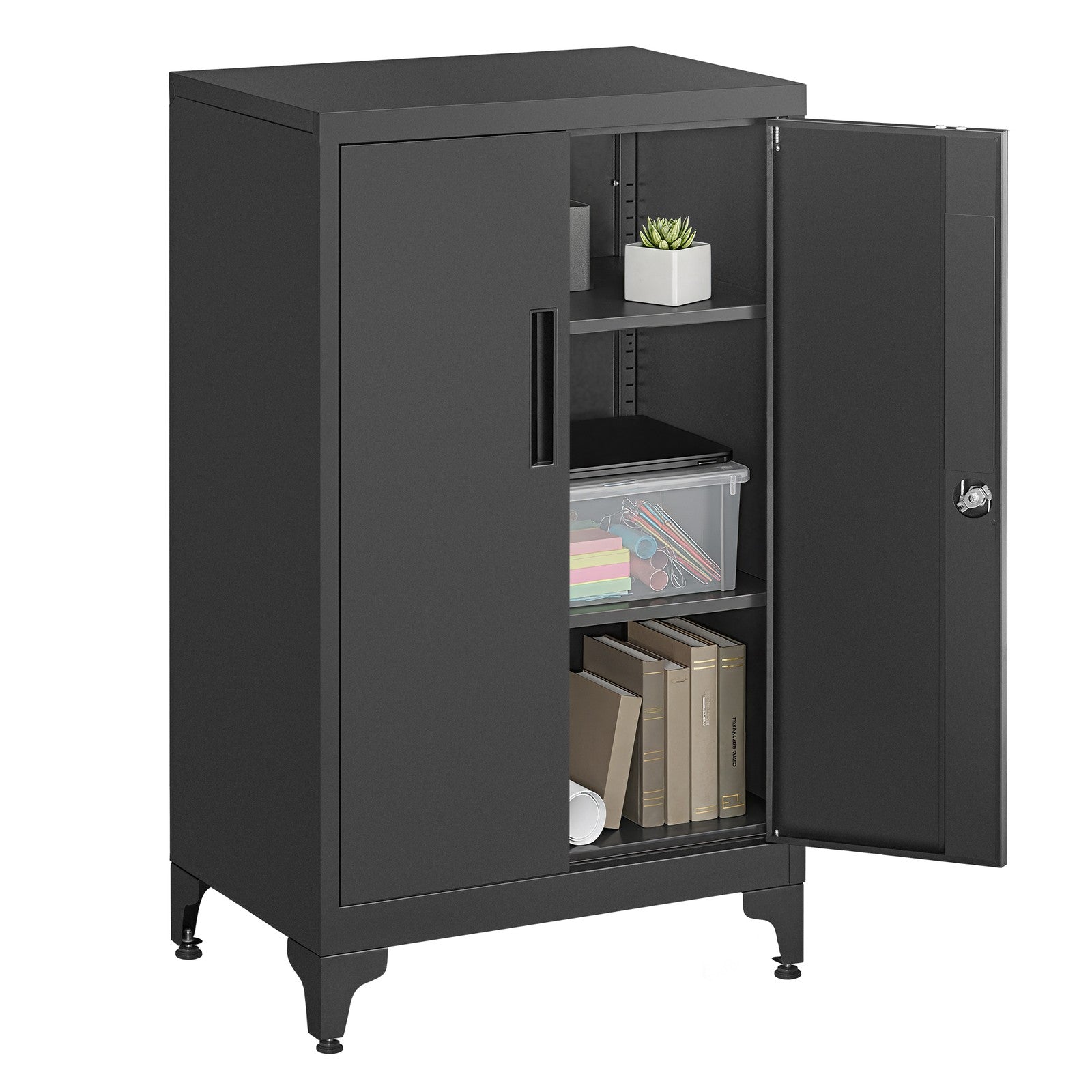 Metal Storage Cabinet – Steel – Ink Black – Lockable with Shelves for Home and Office