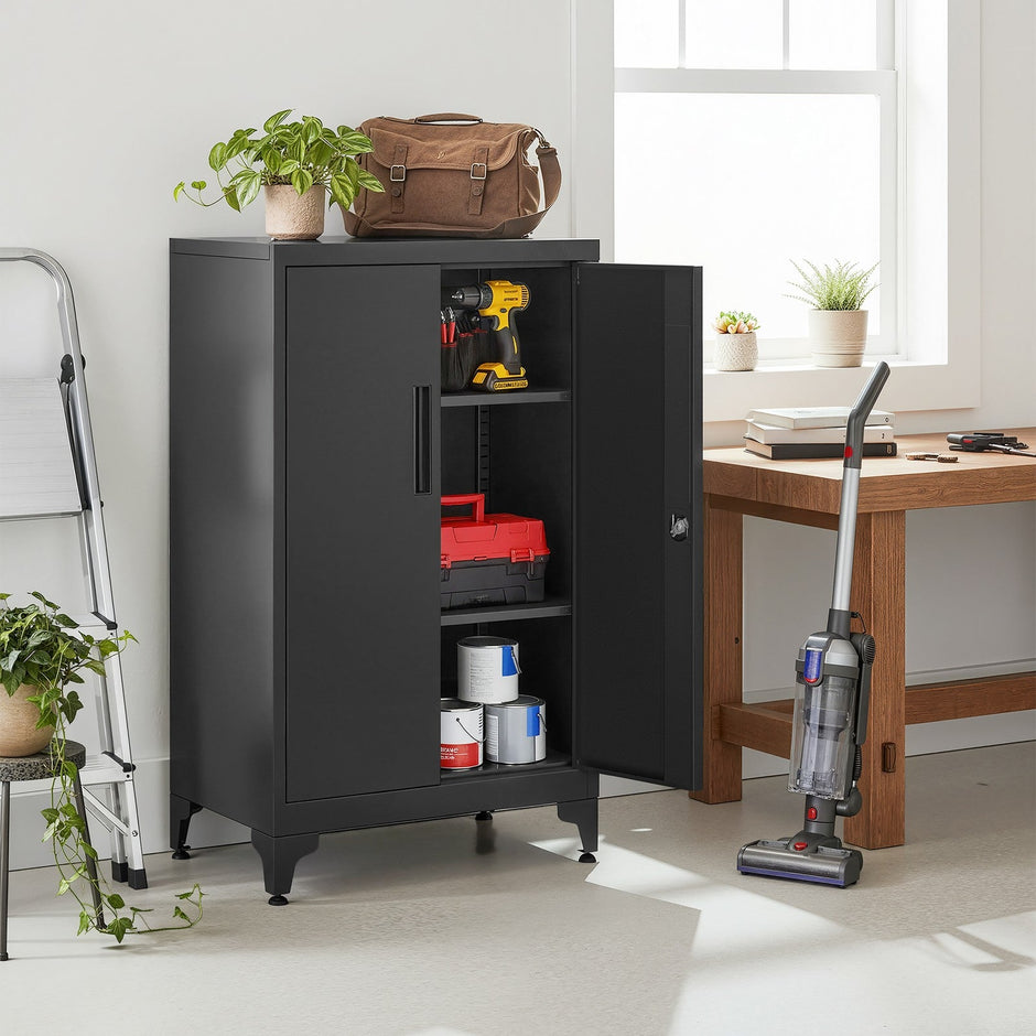 Metal Storage Cabinet – Steel – Ink Black – Lockable with Shelves for Home and Office
