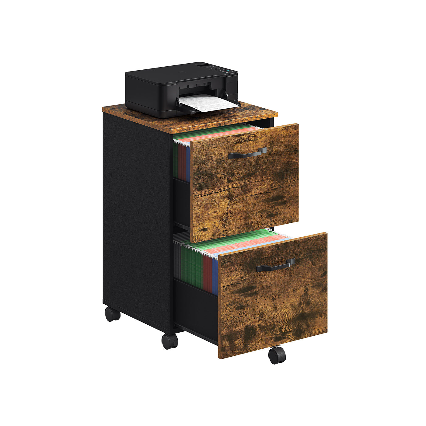 Filing Cabinet – Wood and Metal – Rustic Brown and Black – 2-Drawer with Wheels