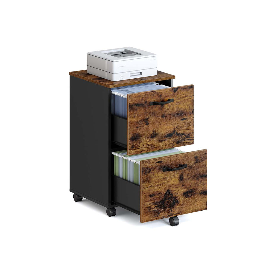 Filing Cabinet – Wood and Metal – Rustic Brown and Black – 2-Drawer with Wheels