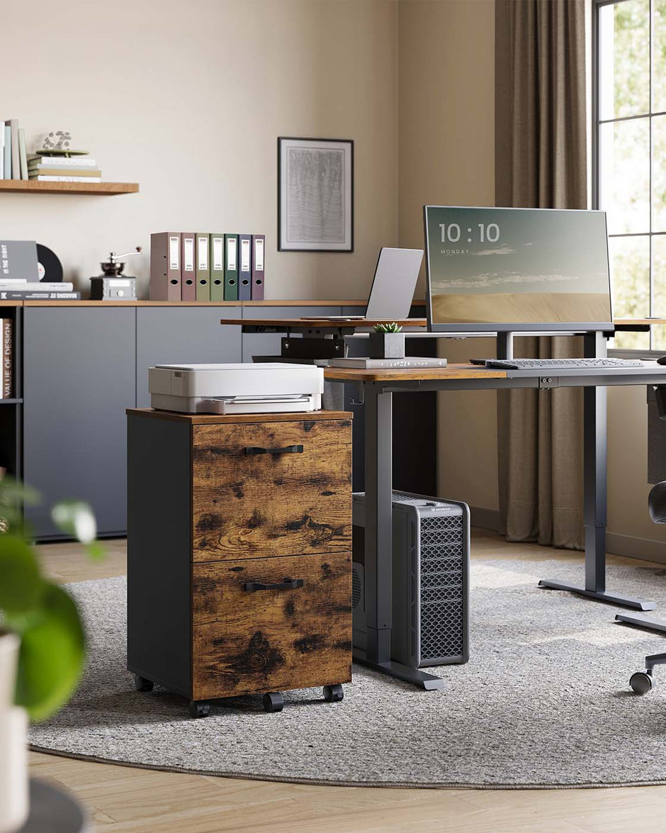 Filing Cabinet – Wood and Metal – Rustic Brown and Black – 2-Drawer with Wheels