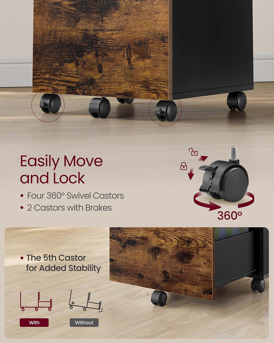 Filing Cabinet – Wood and Metal – Rustic Brown and Black – 2-Drawer with Wheels