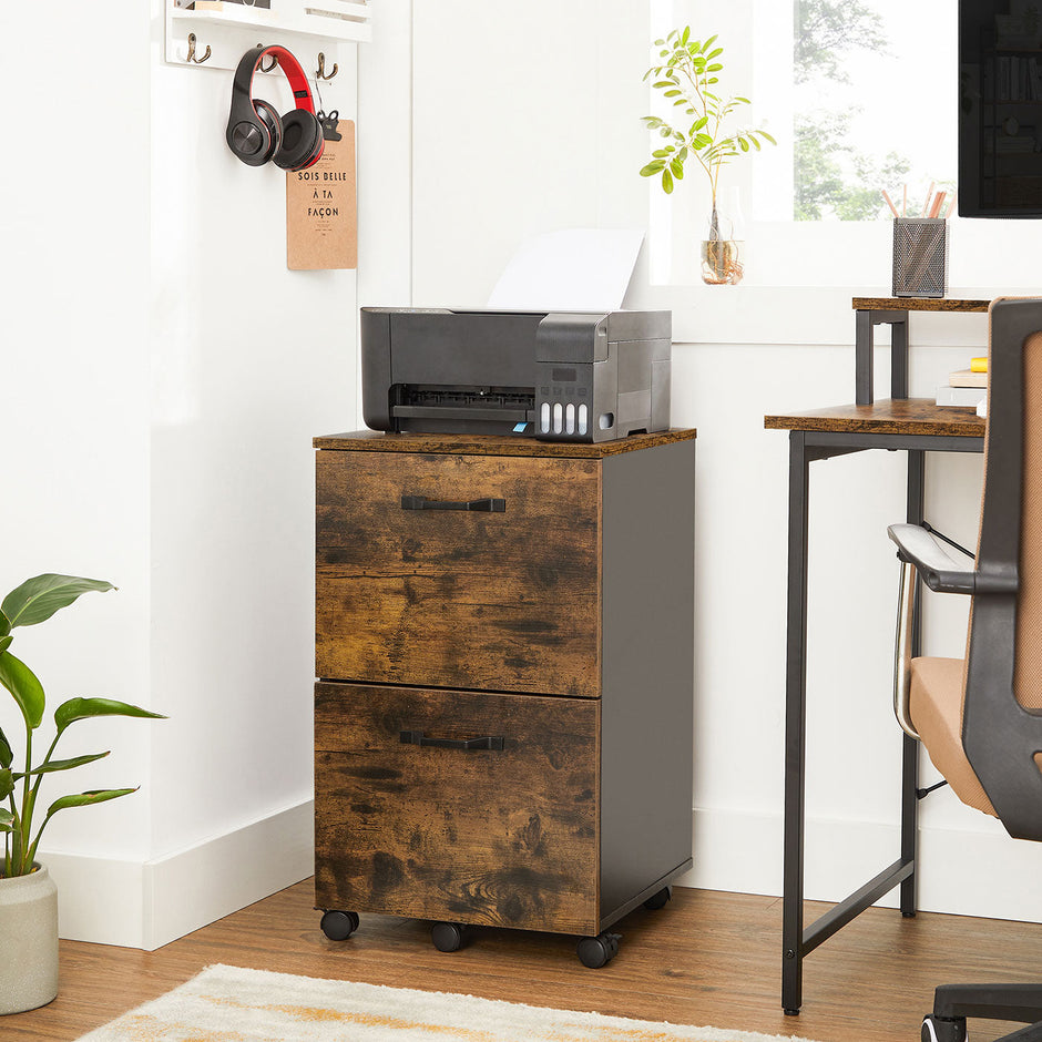 Filing Cabinet – Wood and Metal – Rustic Brown and Black – 2-Drawer with Wheels