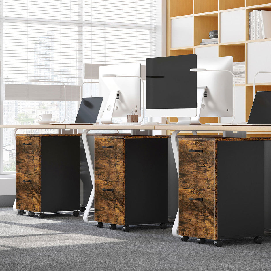 Filing Cabinet – Wood and Metal – Rustic Brown and Black – 2-Drawer with Wheels