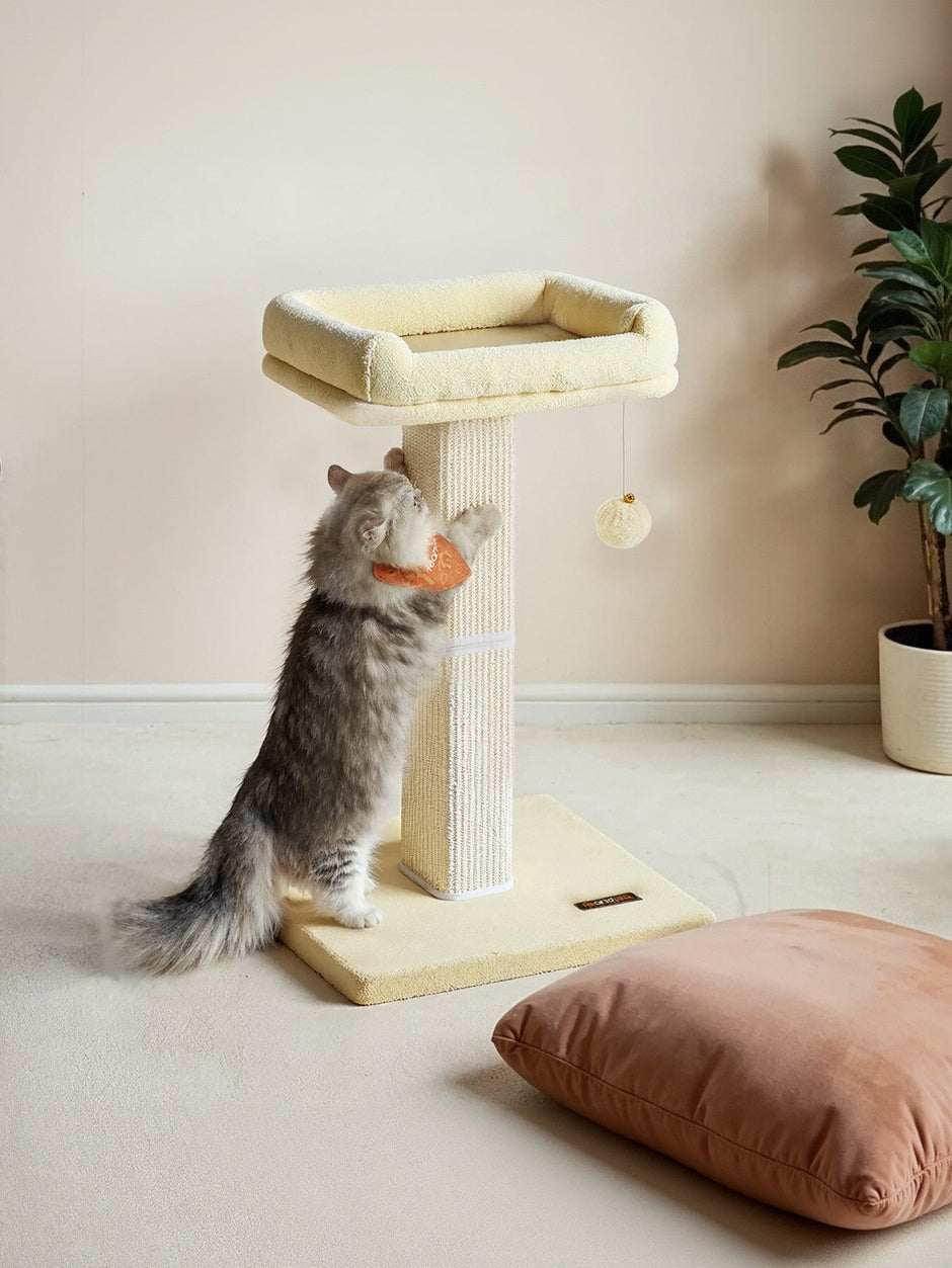 Cat Scratching Post – Wood and Plush – Beige – Climbing Tower with Perch