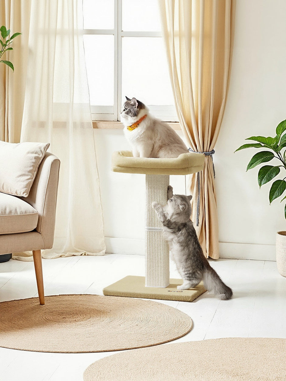 Cat Scratching Post – Wood and Plush – Beige – Climbing Tower with Perch