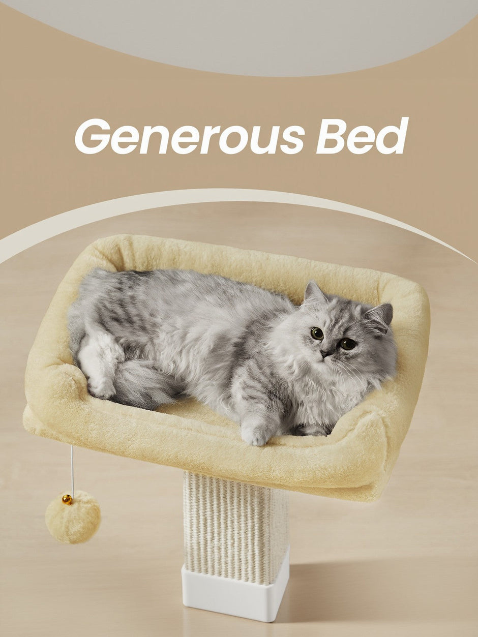 Cat Scratching Post – Wood and Plush – Beige – Climbing Tower with Perch
