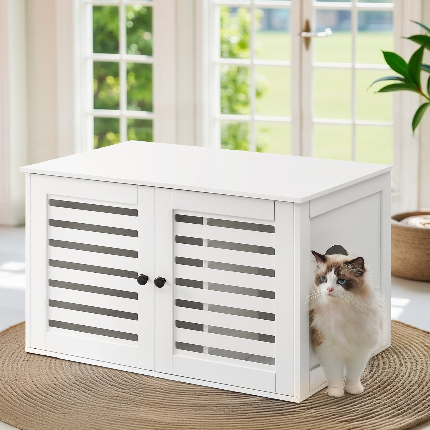 Cat Litter Box Cabinet – PCL – White – Hidden Litter Box with Removable Divider and Dual Shutter Doors