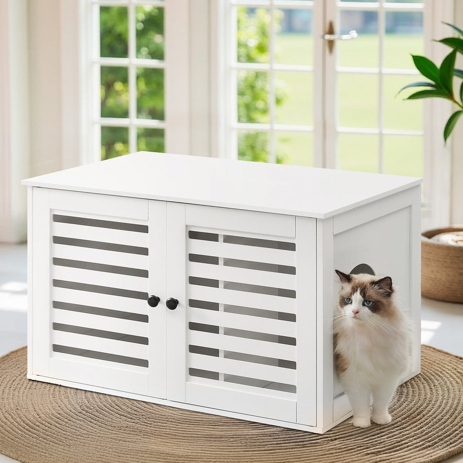 Cat Litter Box Cabinet – PCL – White – Hidden Litter Box with Removable Divider and Dual Shutter Doors